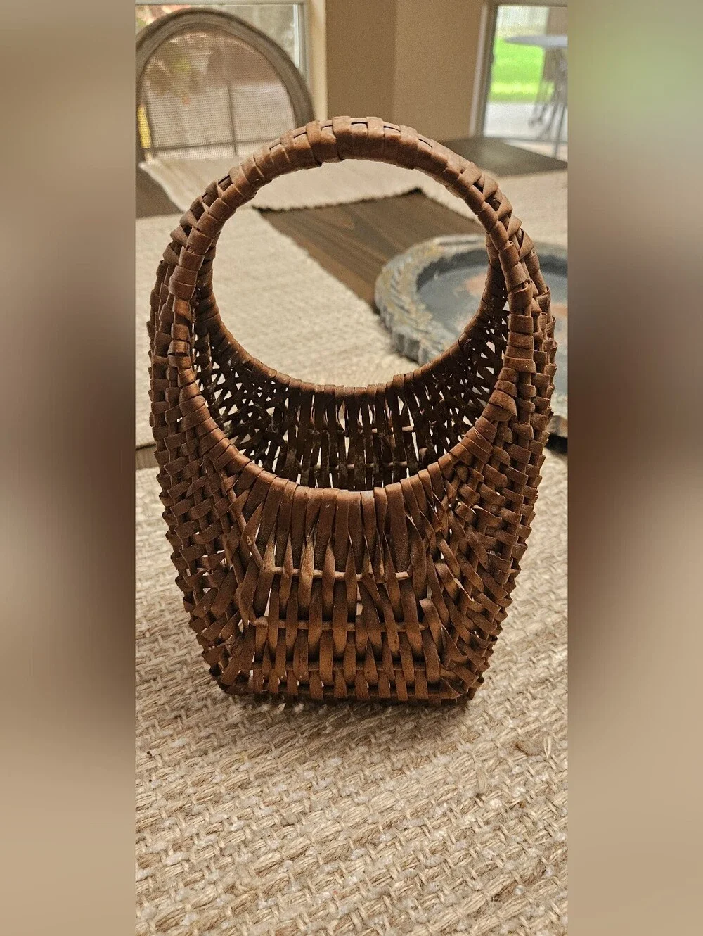 Vintage Handwoven Brown Wicker Basket Bag 5 1/2 X 9 In